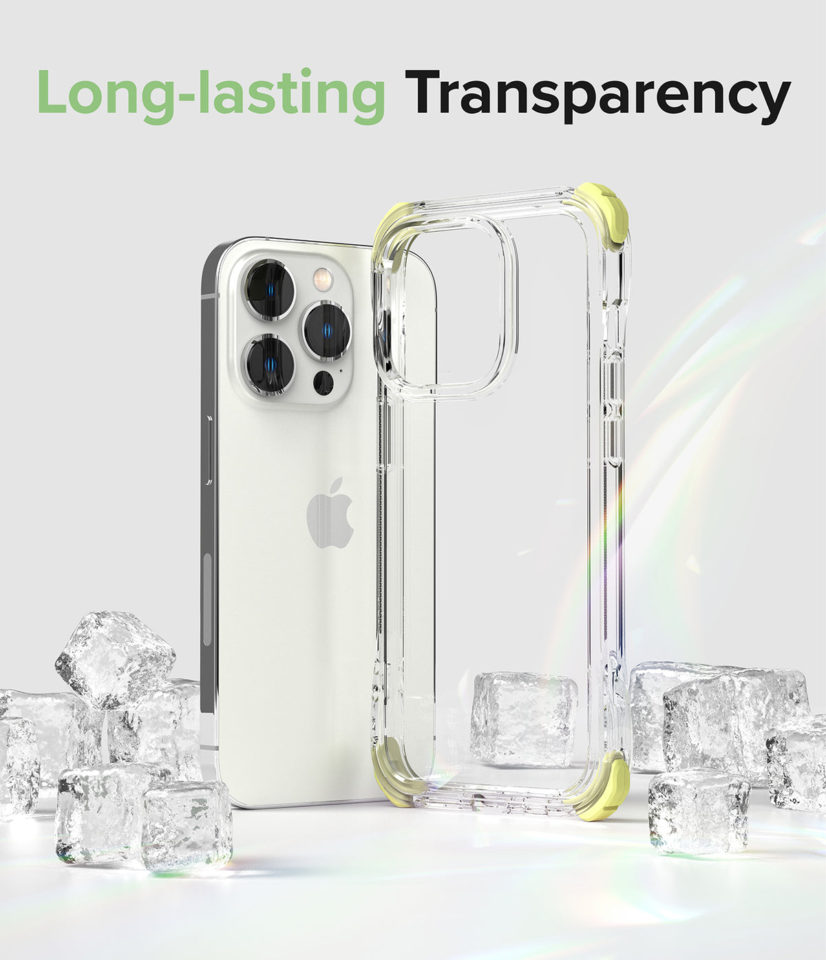 iPhone 14 Pro Case | Fusion Plus - Clear phone case with yellow corners next to an iPhone 14 Pro amidst ice cubes.