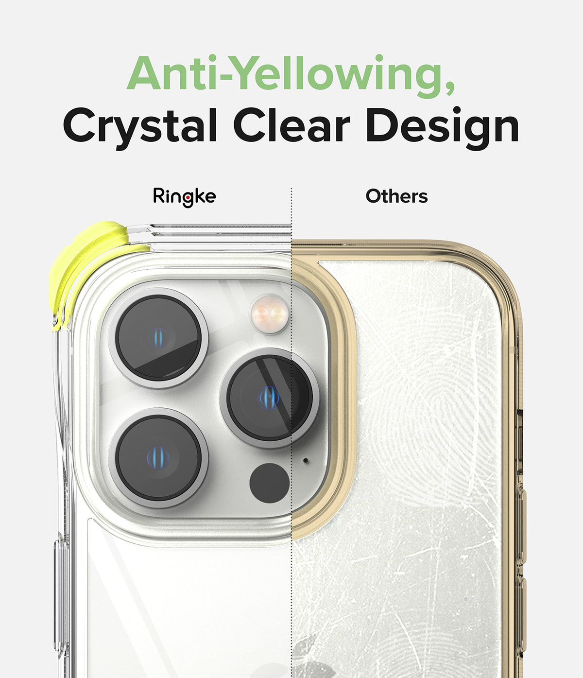 iPhone 14 Pro Case | Fusion Plus - Comparison showing a clear Ringke case versus a yellowed, scratched competitor case.