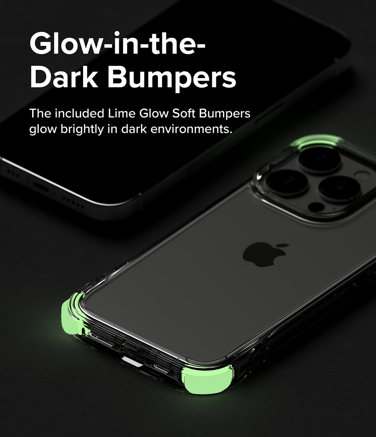 iPhone 14 Pro Case | Fusion Plus - Clear phone case with lime green glow-in-the-dark corner bumpers on a dark background.
