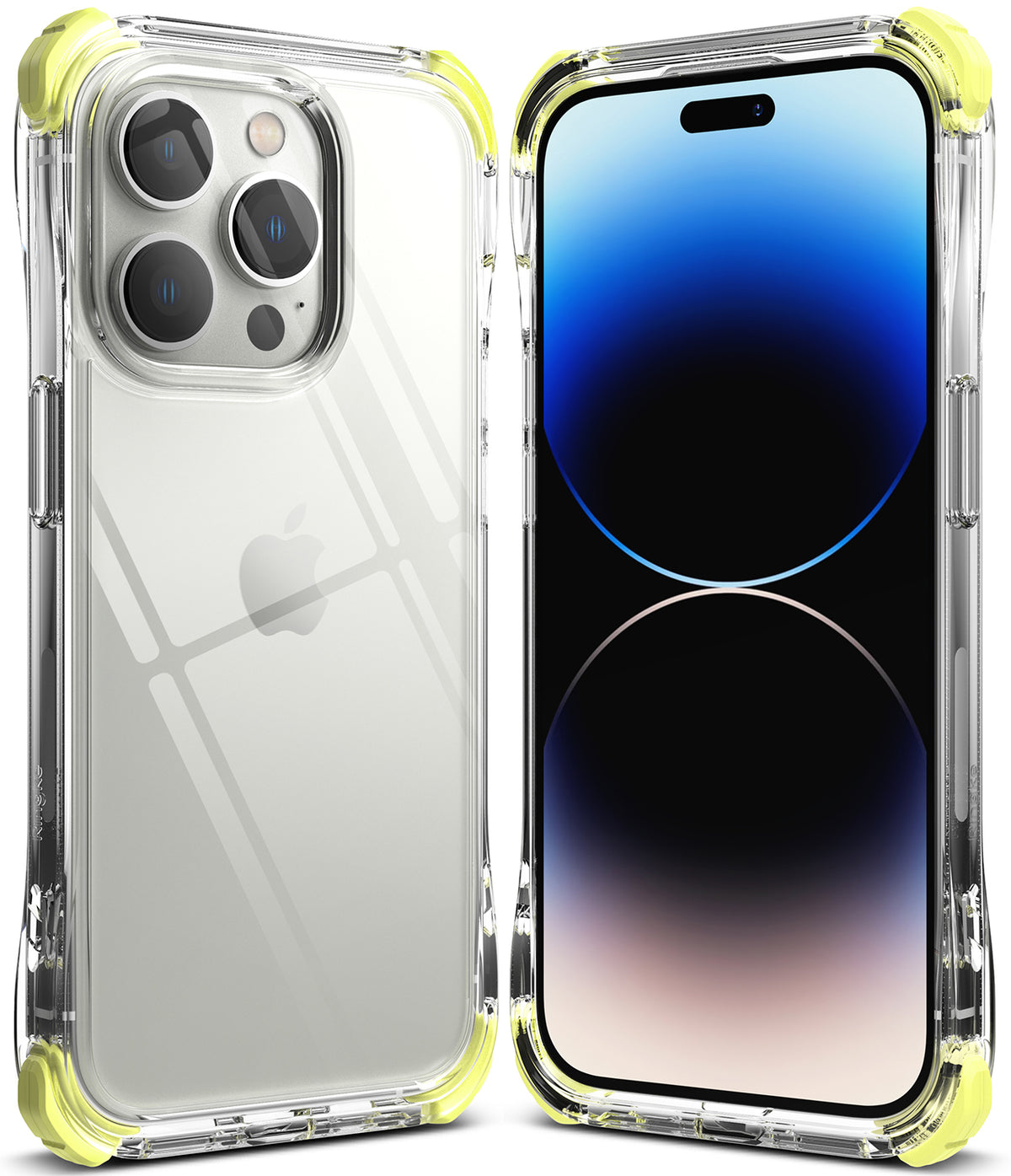 iPhone 14 Pro Case | Fusion Plus - Clear protective case with yellow corner bumpers shown from front and back views.