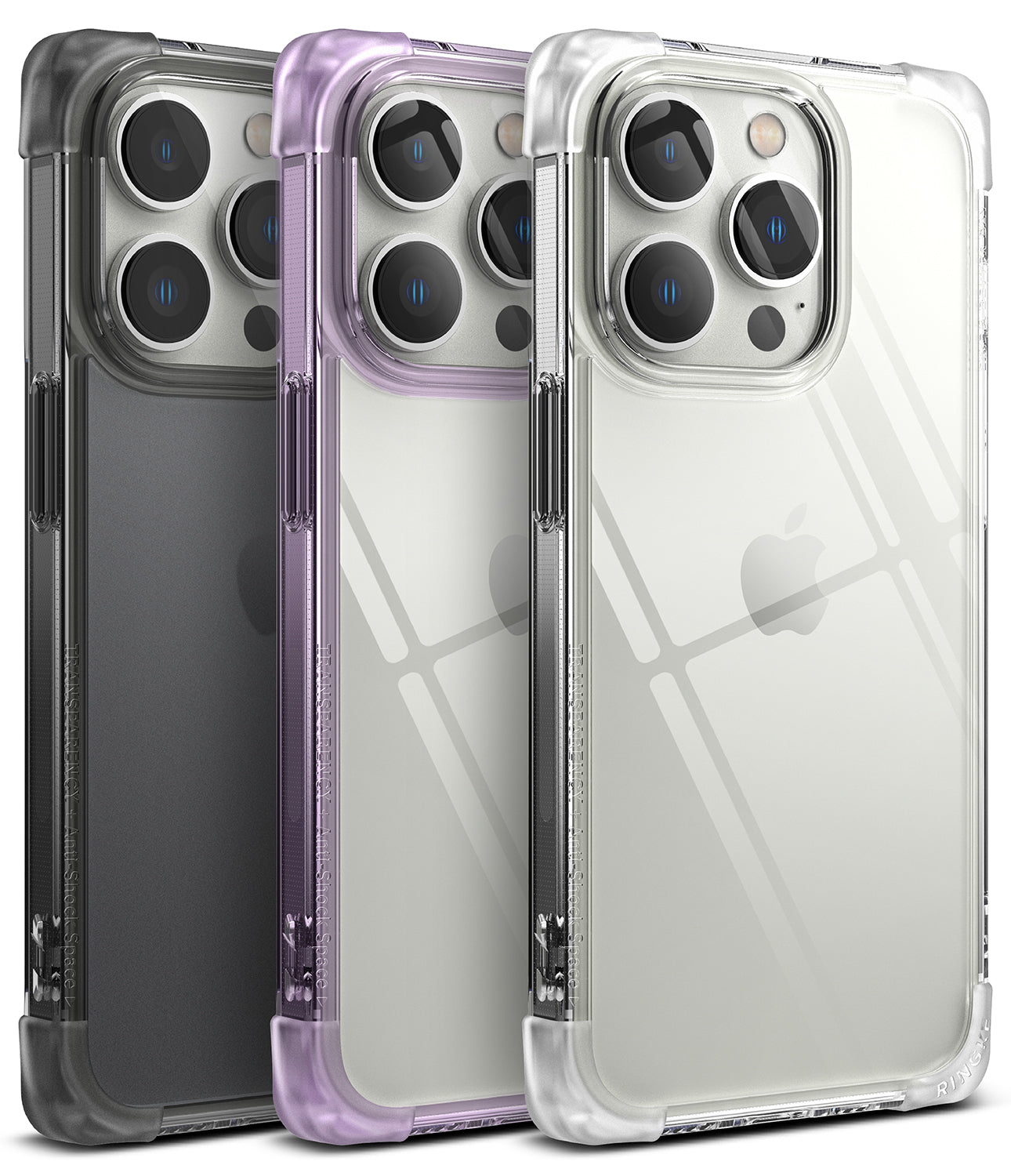 iPhone 14 Pro Case | Fusion Bumper - Three iPhone 14 Pro phones in black, purple, and clear bumper cases side-by-side.