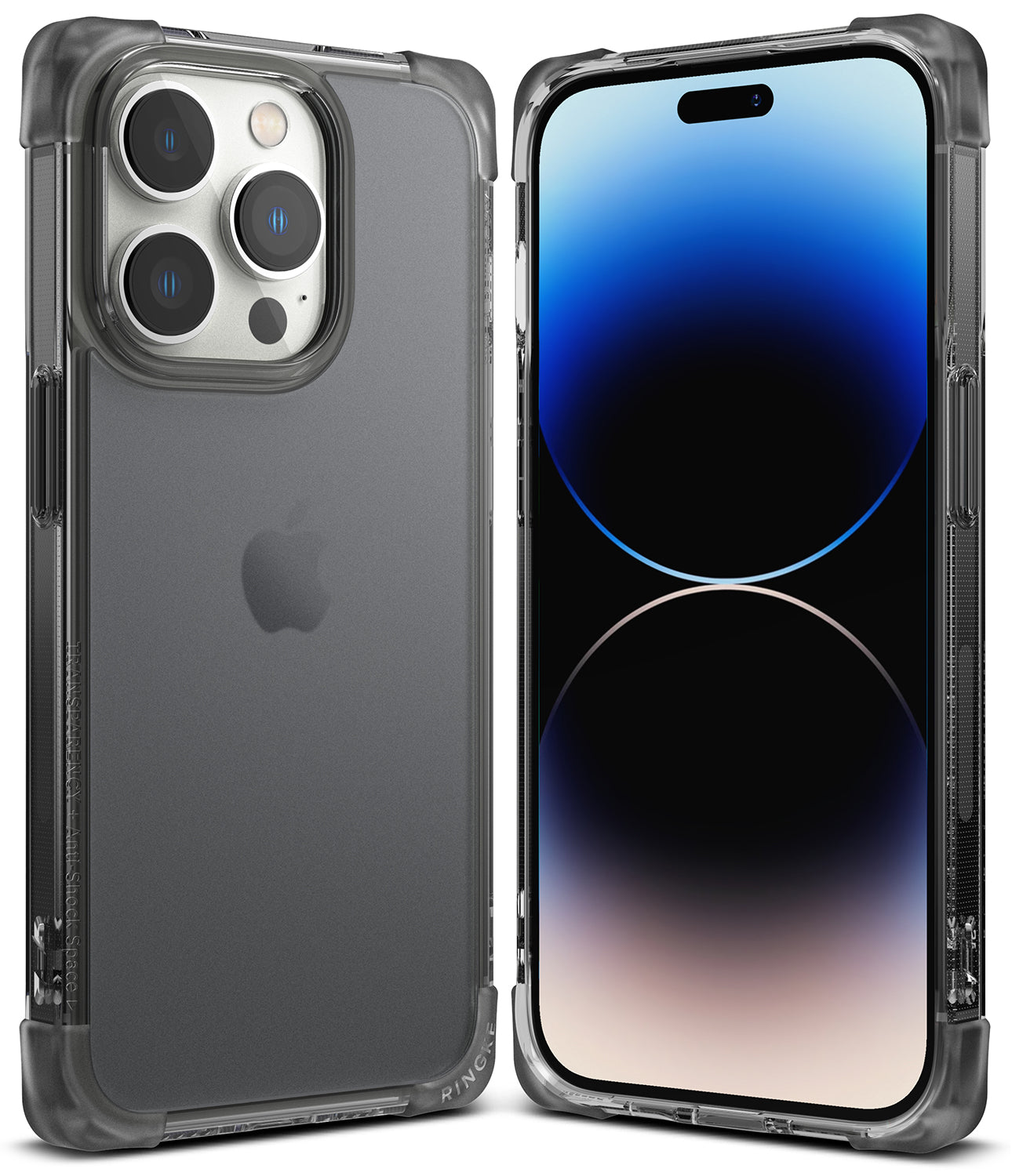 iPhone 14 Pro Case | Fusion Bumper - Front and back views of a clear, shock-absorbent bumper case on an iPhone 14 Pro.