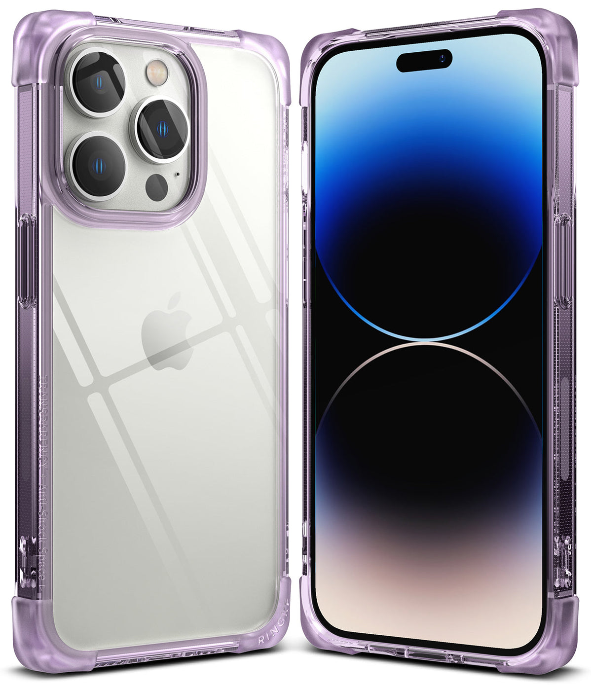 iPhone 14 Pro Case | Fusion Bumper - Front and back view of a clear iPhone 14 Pro case with a purple-tinted bumper.