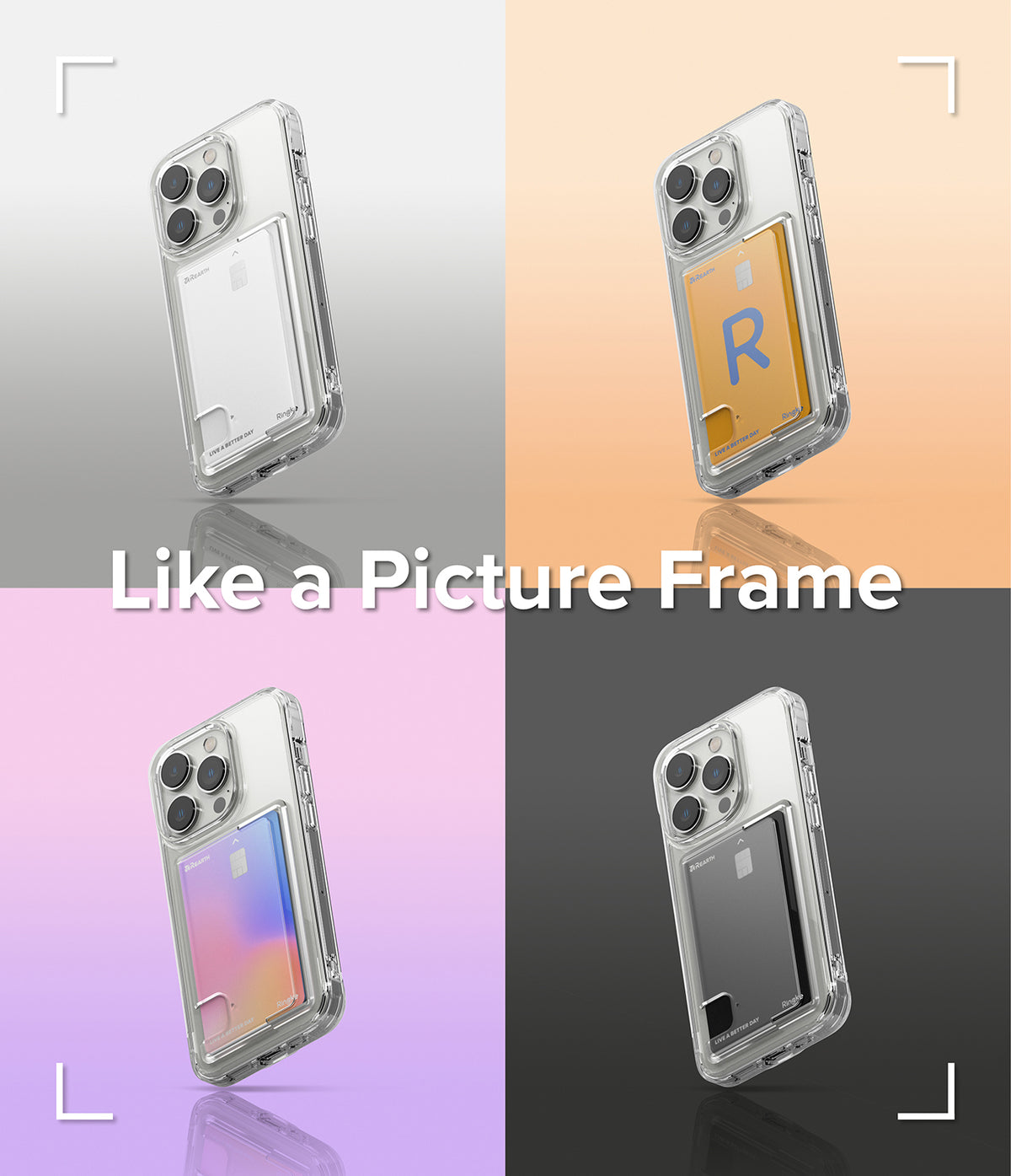 iPhone 14 Pro Case | Fusion Card - Four clear iPhone 14 Pro cases with different colored card inserts on varied backgrounds.
