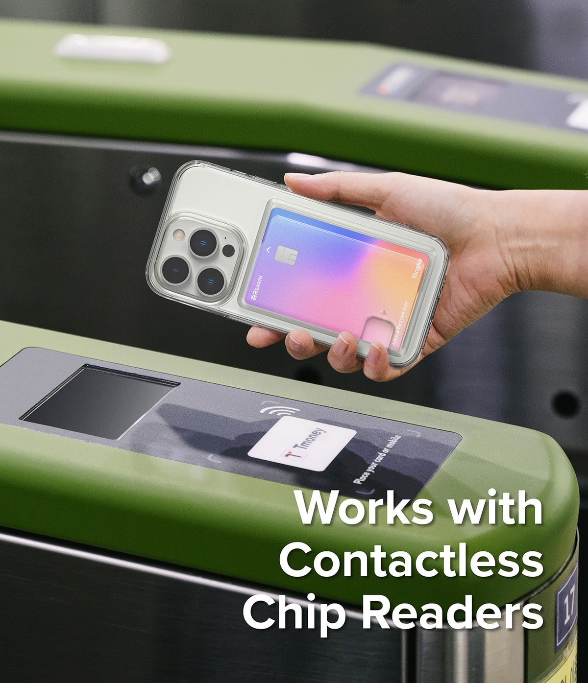 iPhone 14 Pro Case | Fusion Card - Hand holding phone with card in case over a contactless transit gate reader.