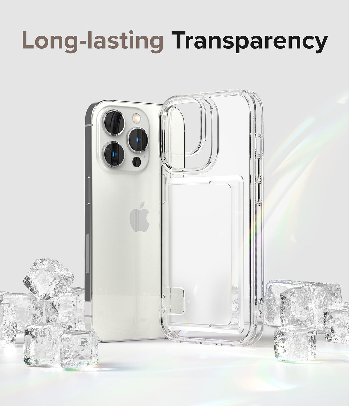 iPhone 14 Pro Case | Fusion Card - Clear phone case and iPhone 14 Pro surrounded by ice cubes on a white background.