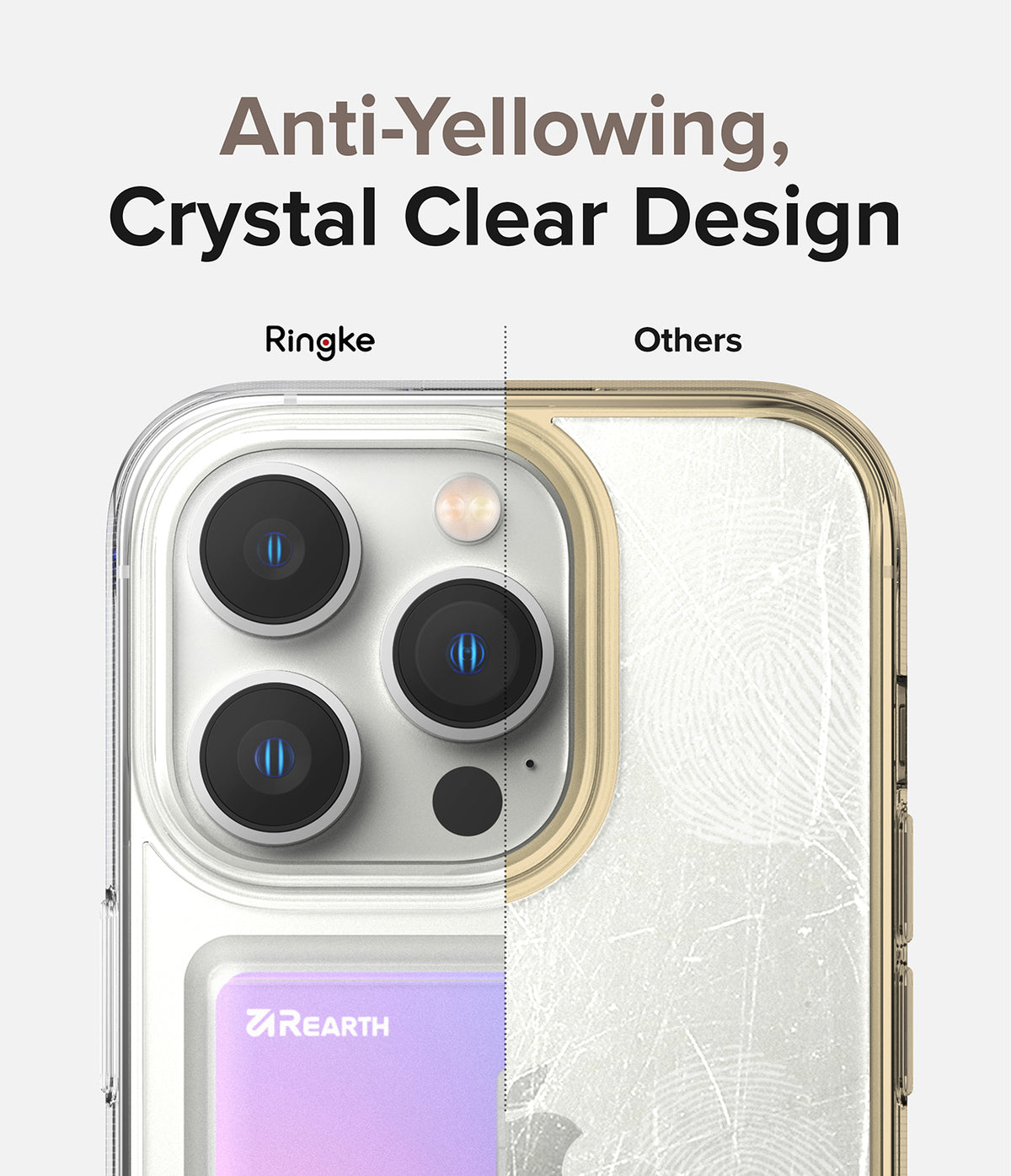 iPhone 14 Pro Case | Fusion Card - Comparison showing a clear Ringke case versus a yellowed, scratched competitor case.