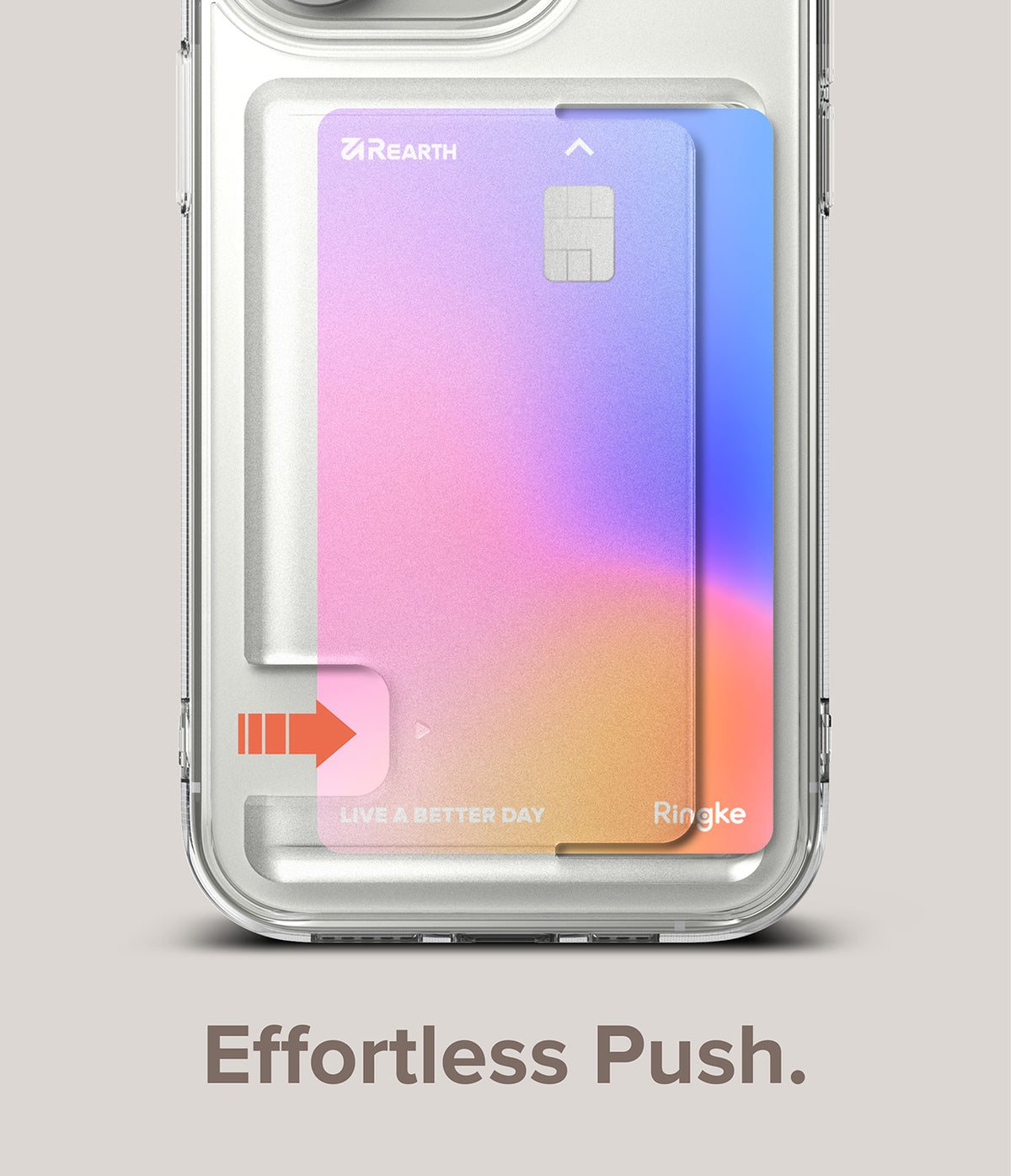 iPhone 14 Pro Case | Fusion Card - Clear phone case with a gradient card slot and an arrow icon indicating a push motion.