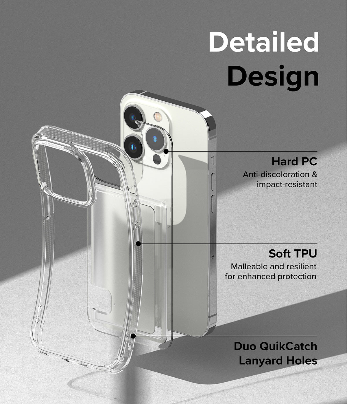 iPhone 14 Pro Case | Fusion Card - Diagram highlighting hard PC, soft TPU, and lanyard holes on a clear phone case.