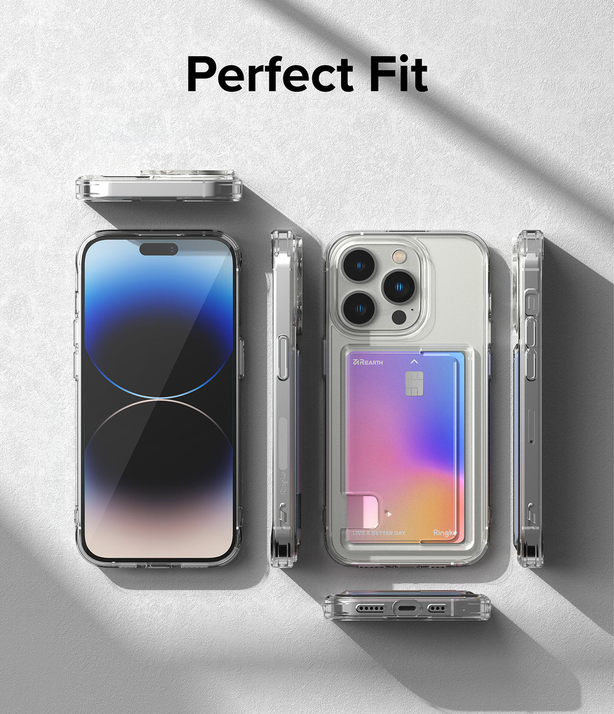 iPhone 14 Pro Case | Fusion Card - Clear phone case with card slot displaying front, back, and side views of the device.