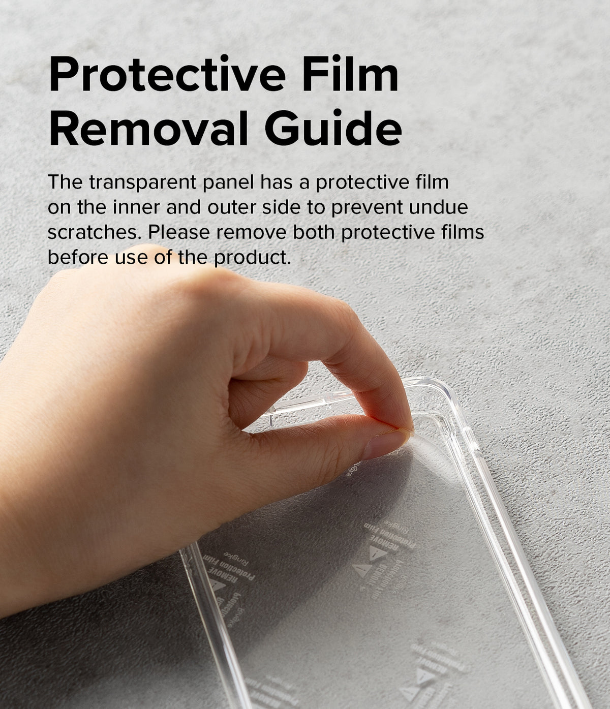 iPhone 14 Plus Case | Fusion - Hand peeling protective film off a clear phone case with removal instructions text.