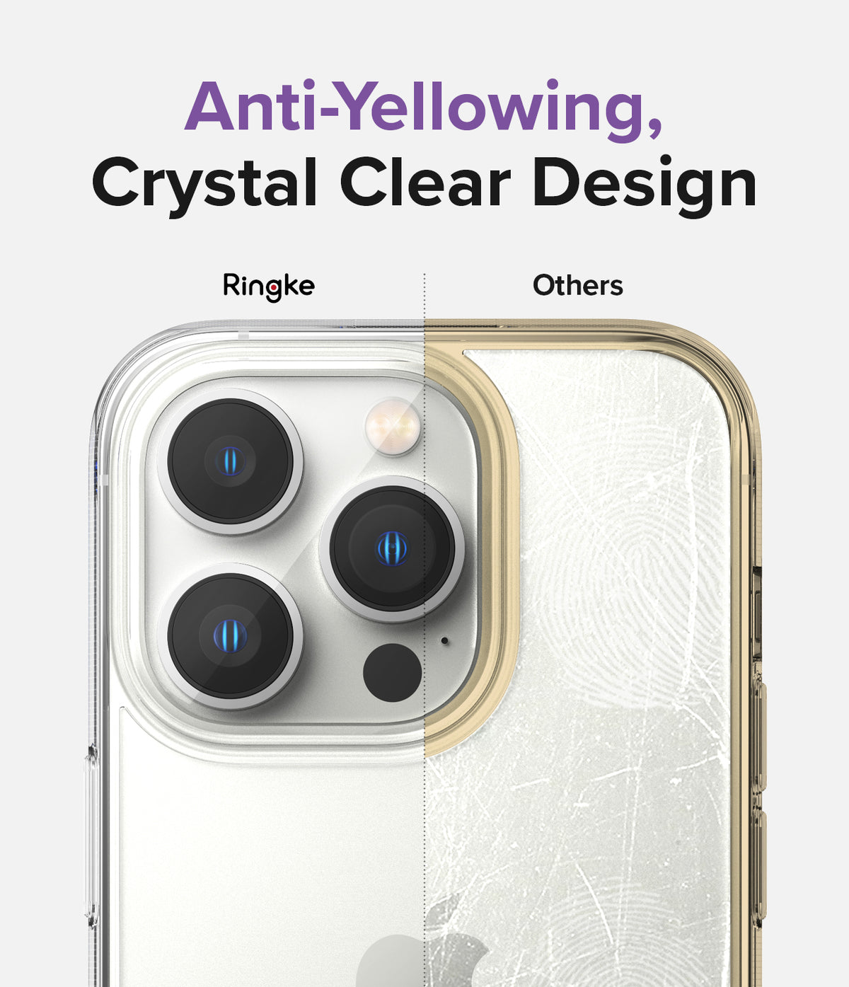 iPhone 14 Pro Case | Fusion - Comparison showing a clear Ringke case versus a yellowed, scratched competitor case.
