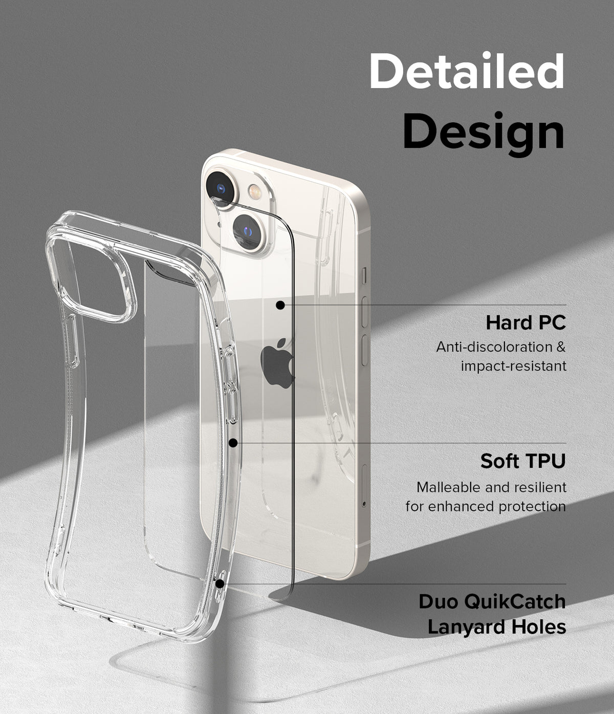 iPhone 14 Plus Case | Fusion - Clear phone case showing hard PC back, soft TPU frame, and lanyard holes with descriptive text.