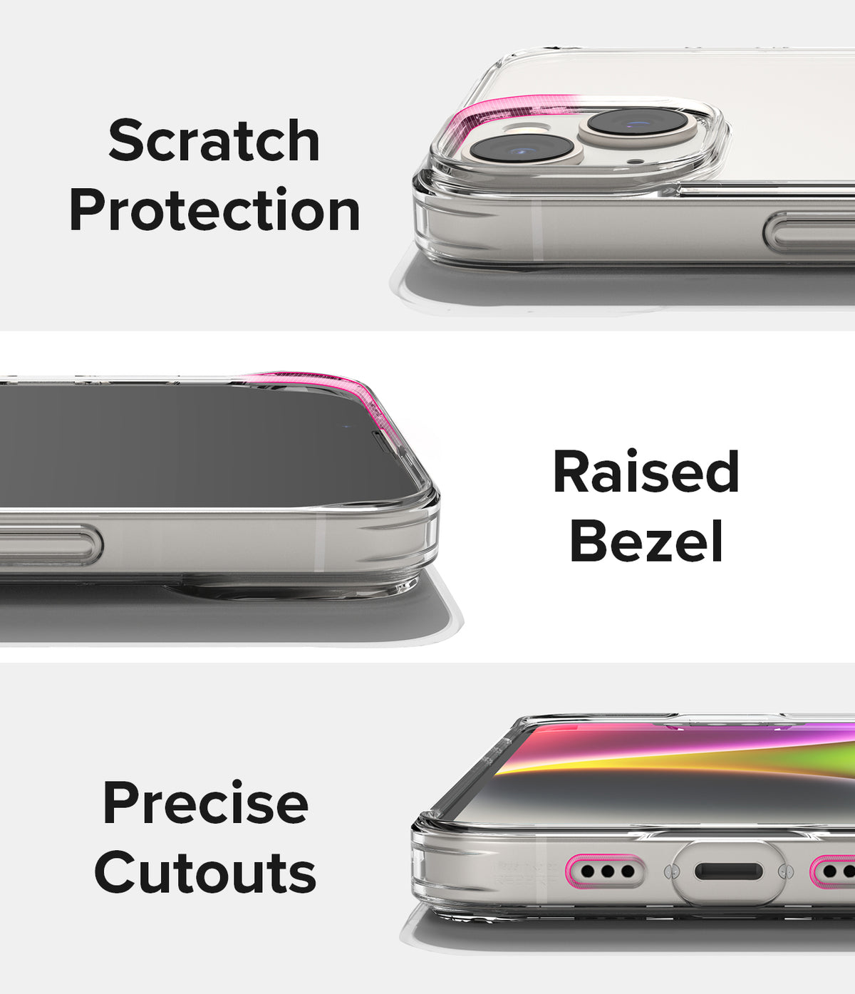 iPhone 14 Plus Case | Fusion - Close-ups of a clear phone case highlighting scratch protection, raised bezels, and precise cutouts.