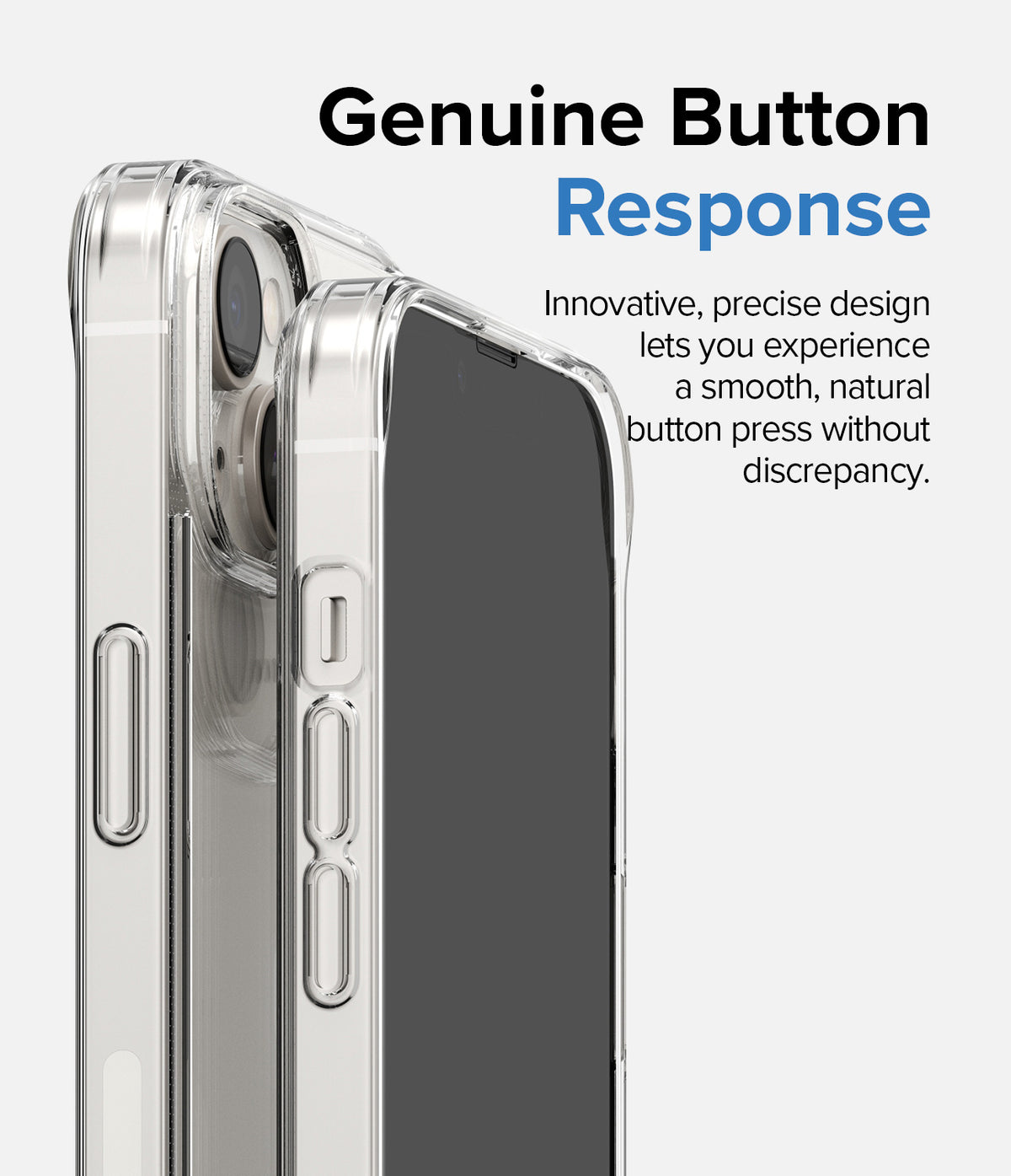 iPhone 14 Plus Case | Fusion - Clear phone case showing precise button cutouts and tactile covers on a white background.