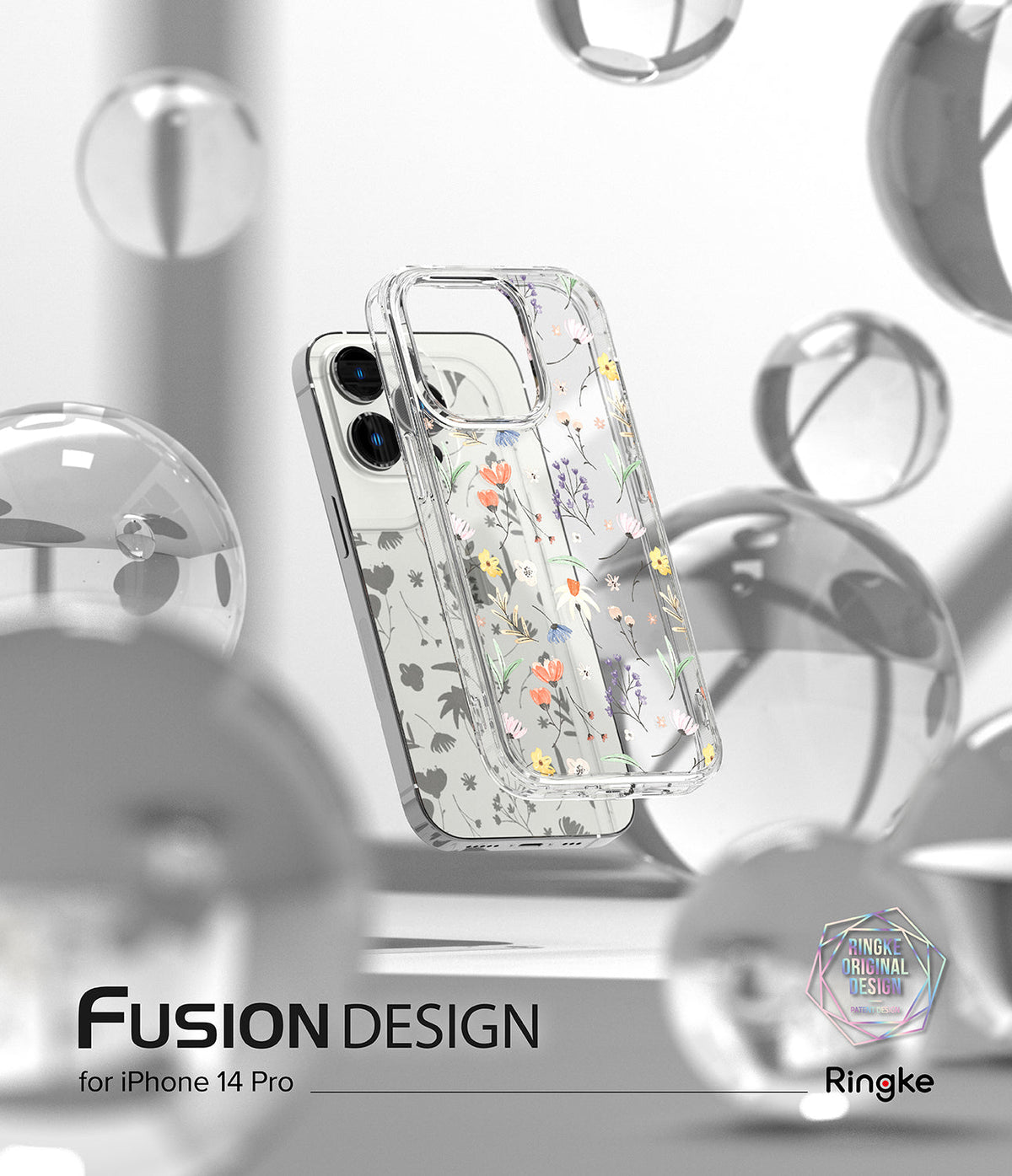 iPhone 14 Pro Case | Fusion Design - Clear phone case with floral print floating among glass spheres on a white background.