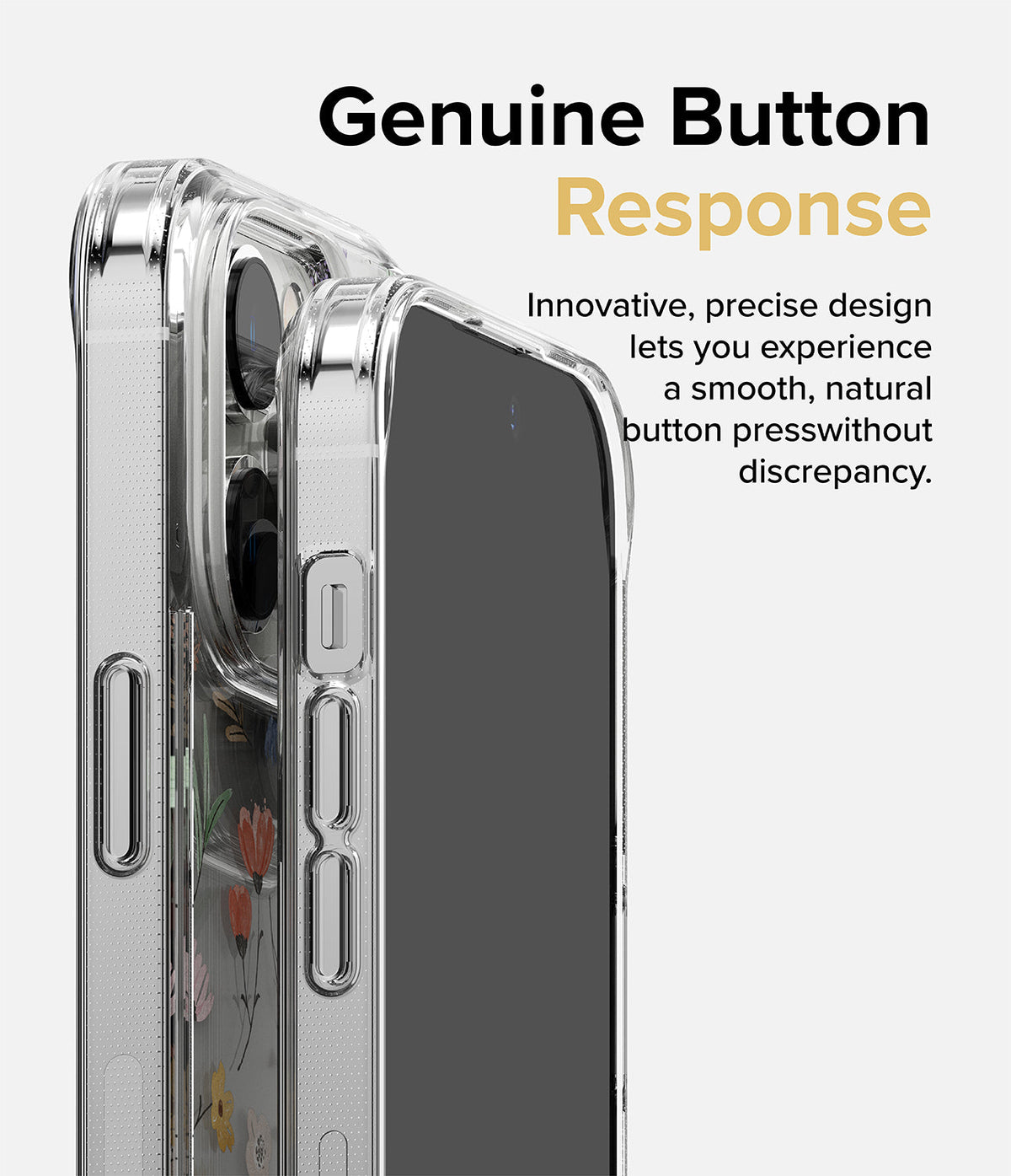 iPhone 14 Pro Case | Fusion Design - Close-up of a clear phone case highlighting precise, responsive side buttons.
