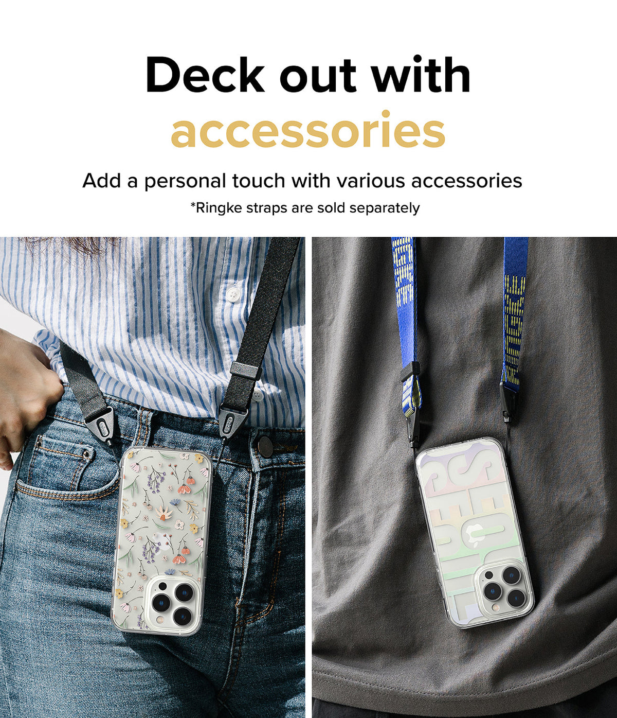 iPhone 14 Pro Case | Fusion Design - Two iPhone 14 Pro cases with floral and text designs worn around the neck with branded straps.