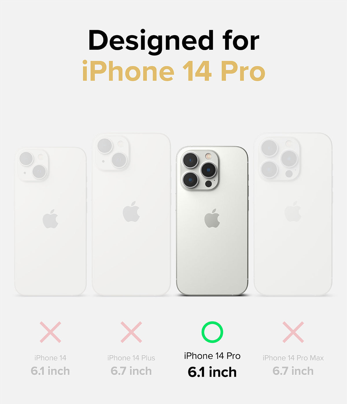 iPhone 14 Pro Case | Fusion Design - Comparison chart showing iPhone 14 Pro is the only compatible model with a green check.