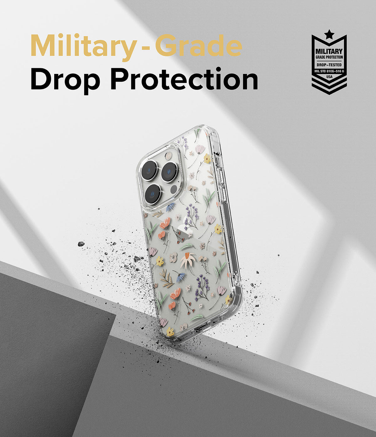 iPhone 14 Pro Case | Fusion Design - Floral clear phone case with military-grade drop protection badge on a gray background.