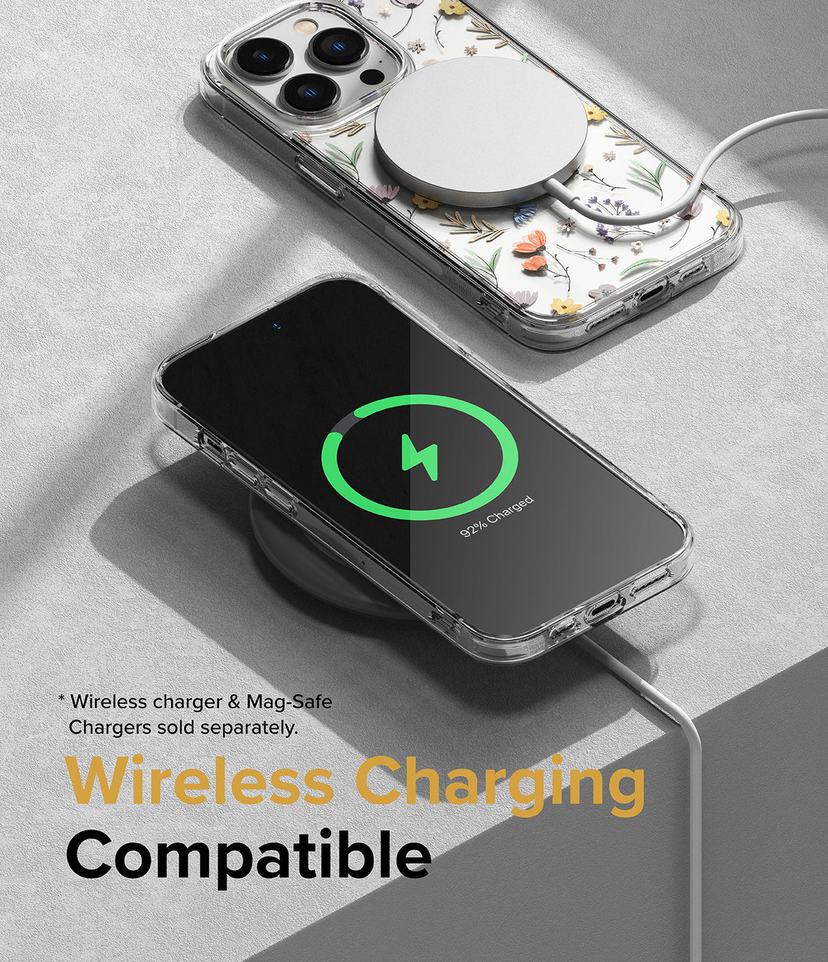iPhone 14 Pro Case | Fusion Design - Floral clear case with MagSafe charger and wireless charging screen indicator.