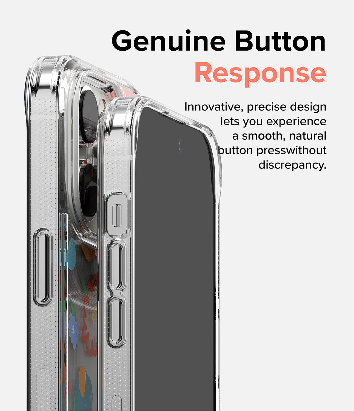 iPhone 14 Pro Case | Fusion Design - Close-up of a clear iPhone 14 Pro case highlighting precise, responsive side buttons.