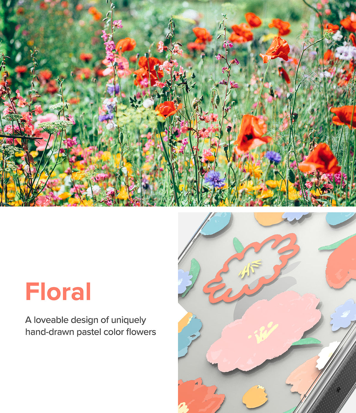 iPhone 14 Pro Case | Fusion Design - A field of vibrant wildflowers above a clear phone case with hand-drawn pastel floral art.