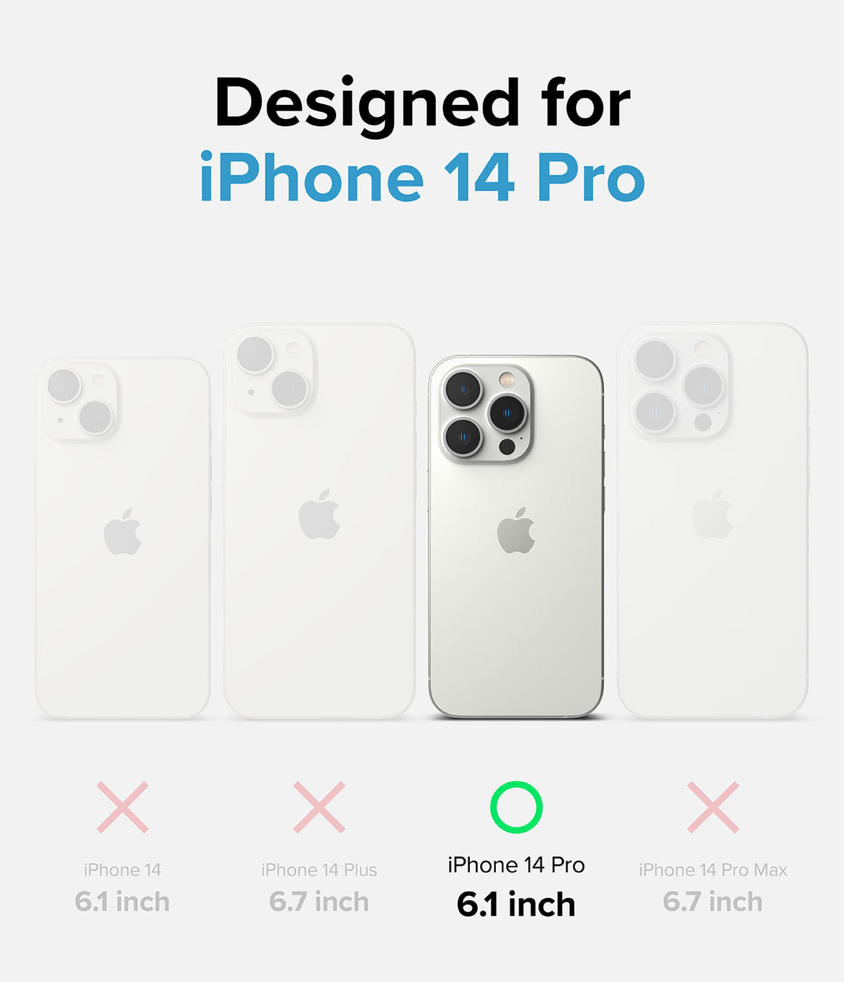 iPhone 14 Pro Case | Fusion Design - Comparison chart showing iPhone 14 Pro highlighted with a green checkmark among other models.