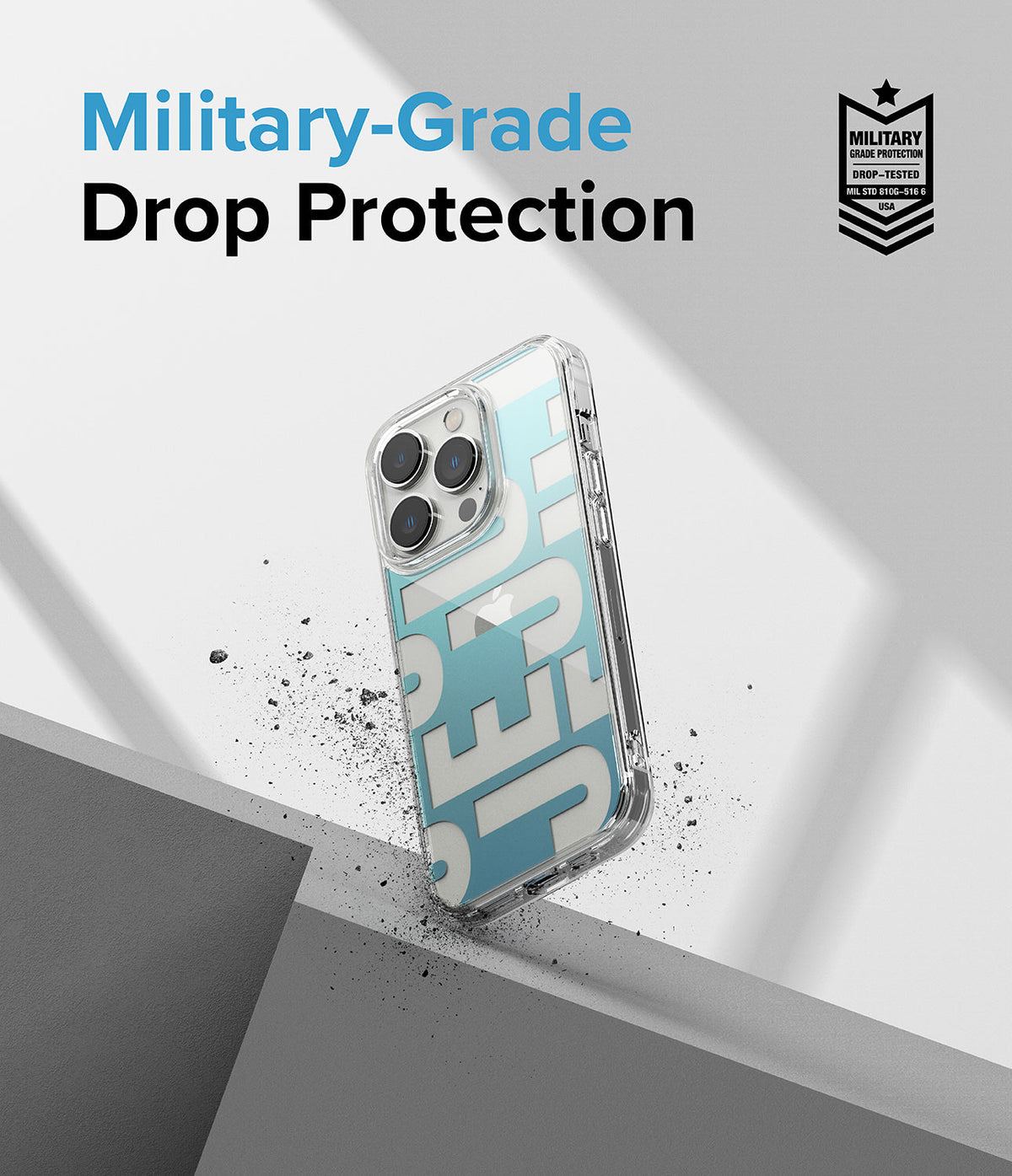 iPhone 14 Pro Case | Fusion Design - Clear phone case with blue graphic text on a gray background with military-grade protection badge.