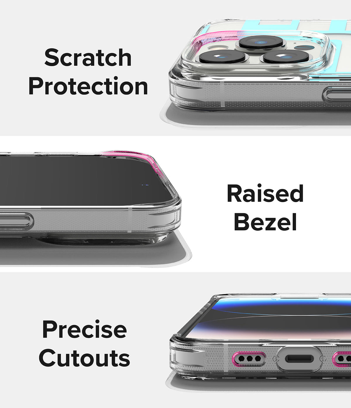 iPhone 14 Pro Case | Fusion Design - Close-ups of a clear phone case highlighting camera protection, raised screen bezels, and precise port cutouts.