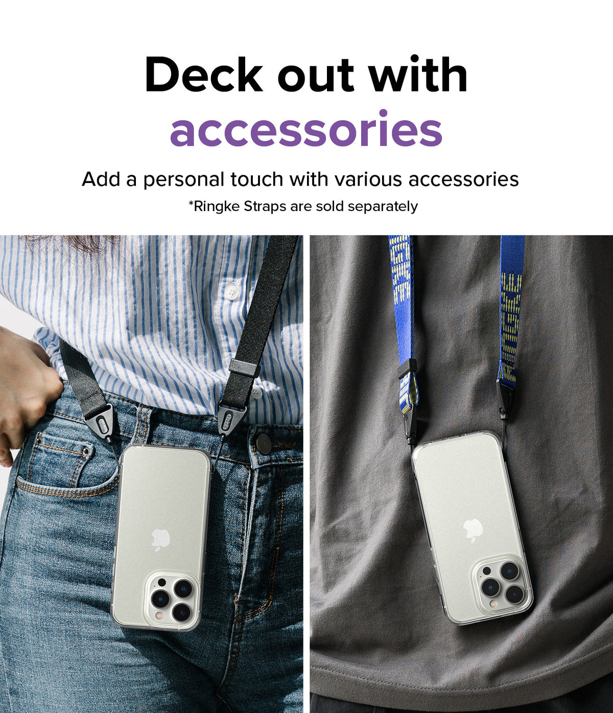 iPhone 14 Pro Case | Fusion Matte - Two people wearing iPhones in clear cases attached to branded neck straps.