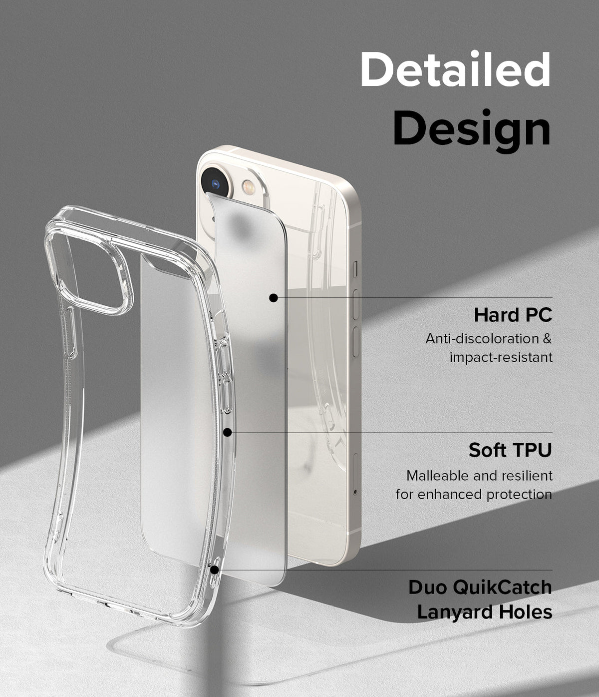iPhone 14 Plus Case | Fusion Matte - Exploded view of phone case showing hard PC, soft TPU, and lanyard holes.