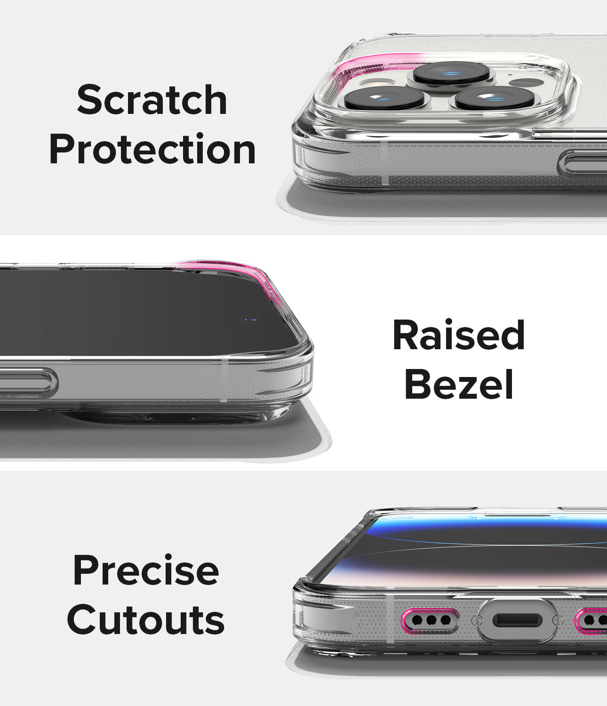 iPhone 14 Pro Case | Fusion Matte - Close-ups showing camera scratch protection, raised screen bezels, and precise port cutouts.