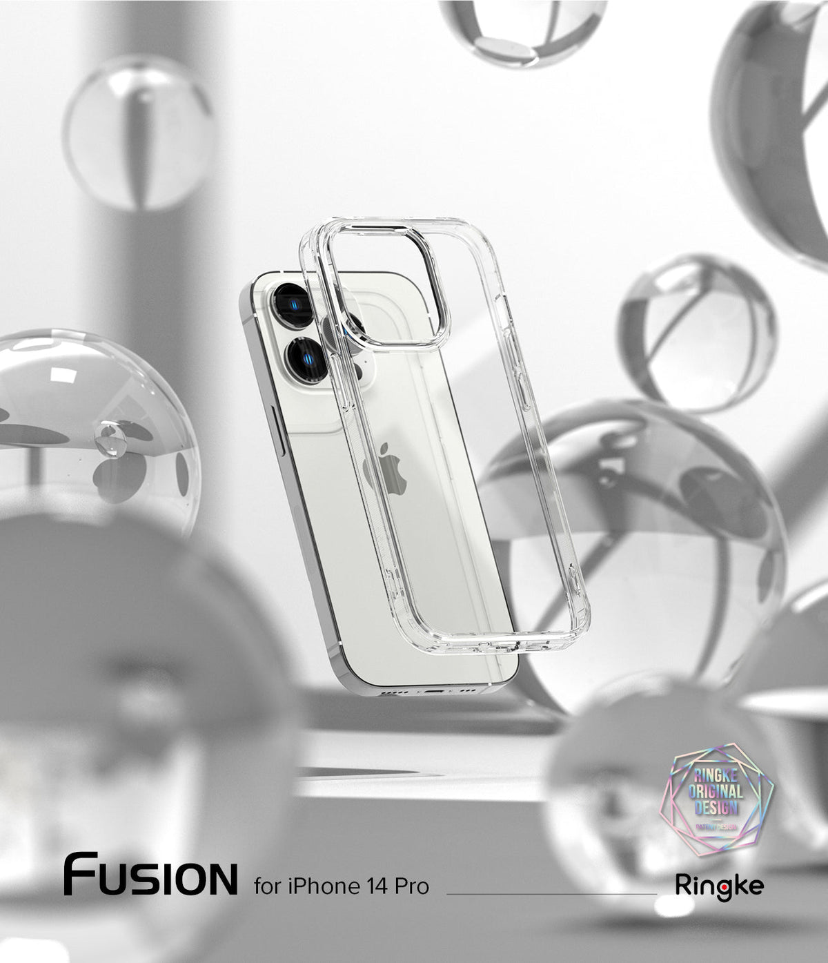 iPhone 14 Pro Case | Fusion Matte - Clear phone case floating in front of an iPhone 14 Pro amidst abstract glass spheres.