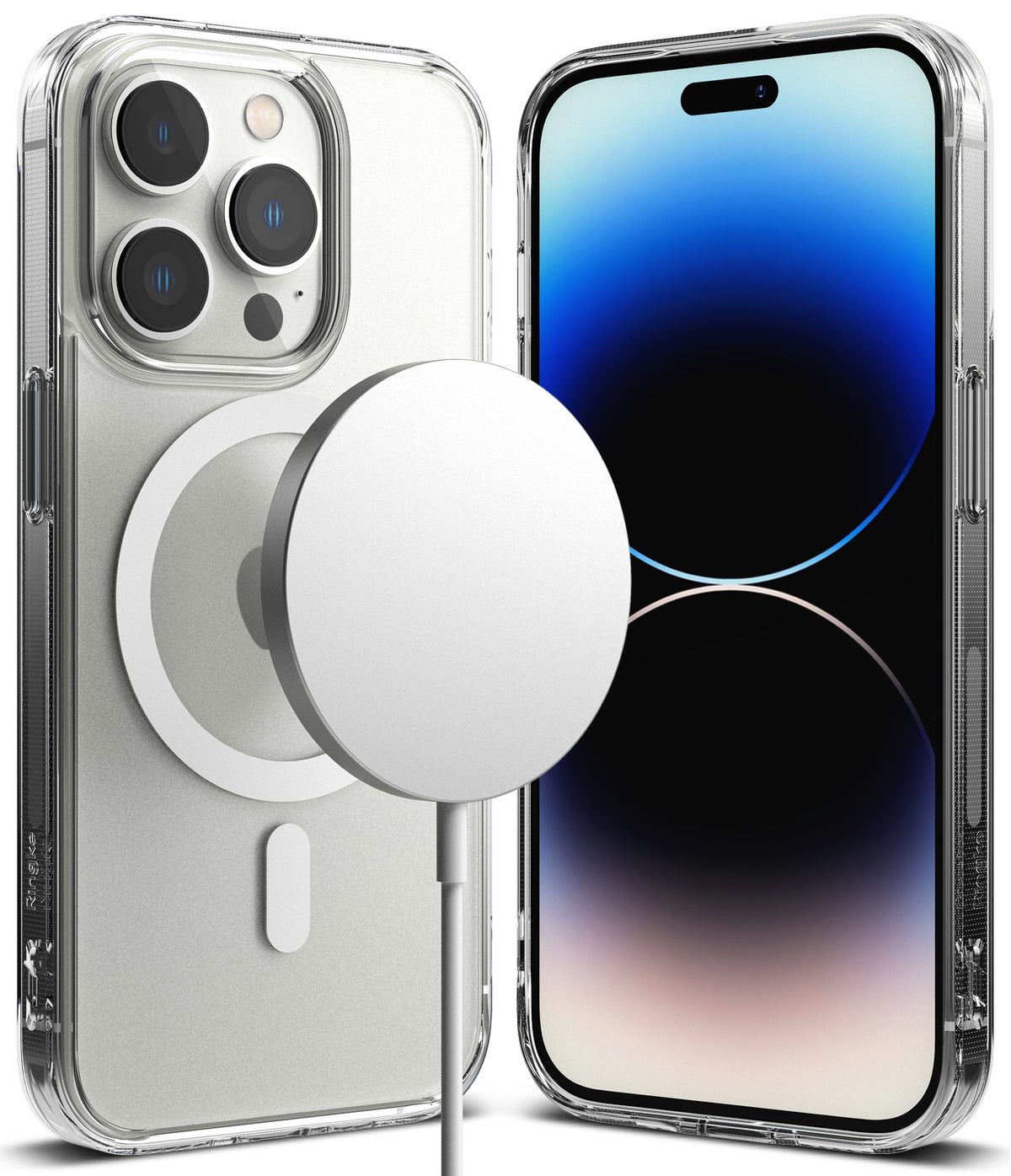 iPhone 14 Pro Case | Fusion Magnetic Matte - Clear phone case with magnetic charger attached to the back of an iPhone.
