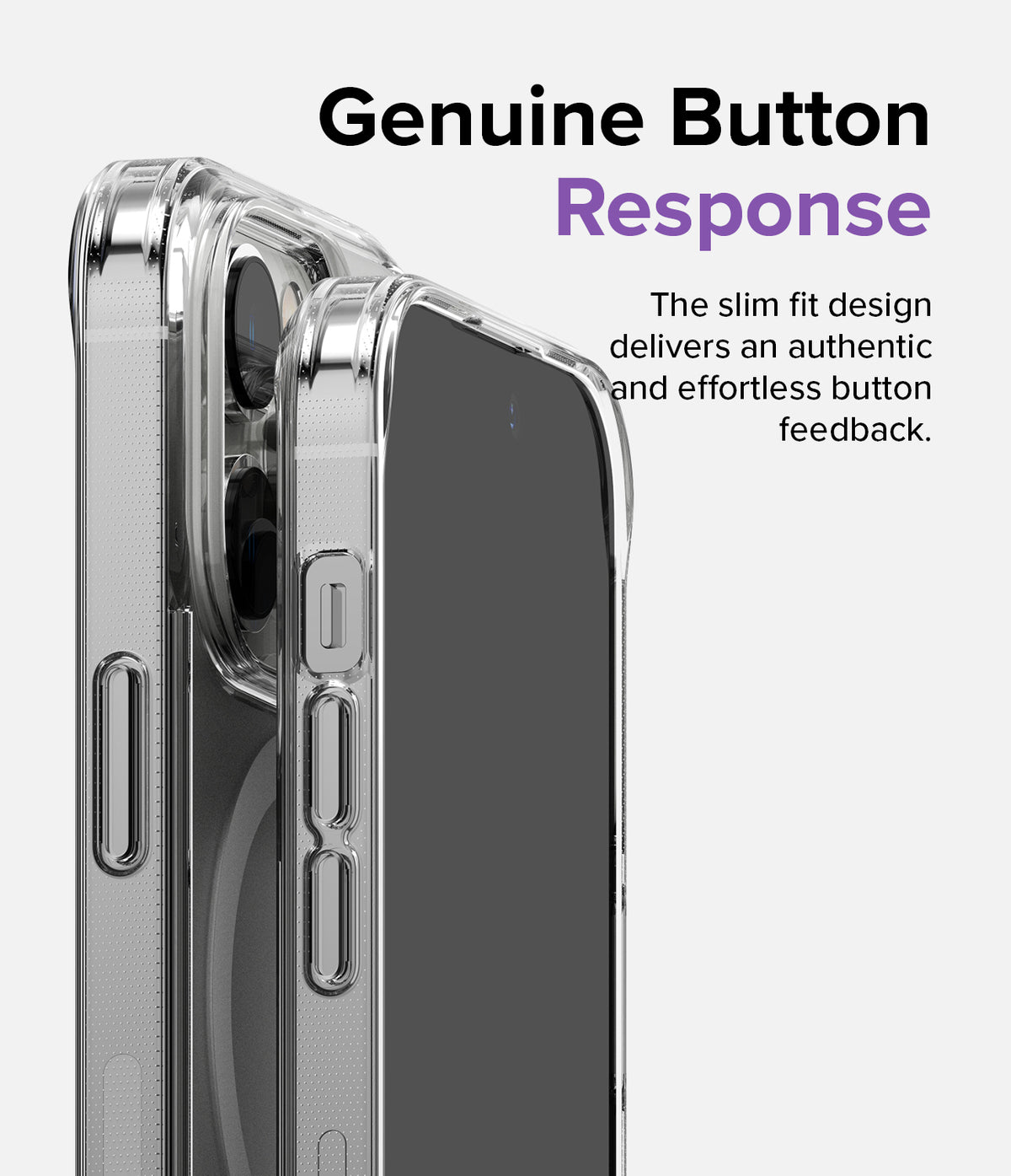 iPhone 14 Pro Case | Fusion Magnetic Matte - Close-up of a clear phone case highlighting tactile side buttons.