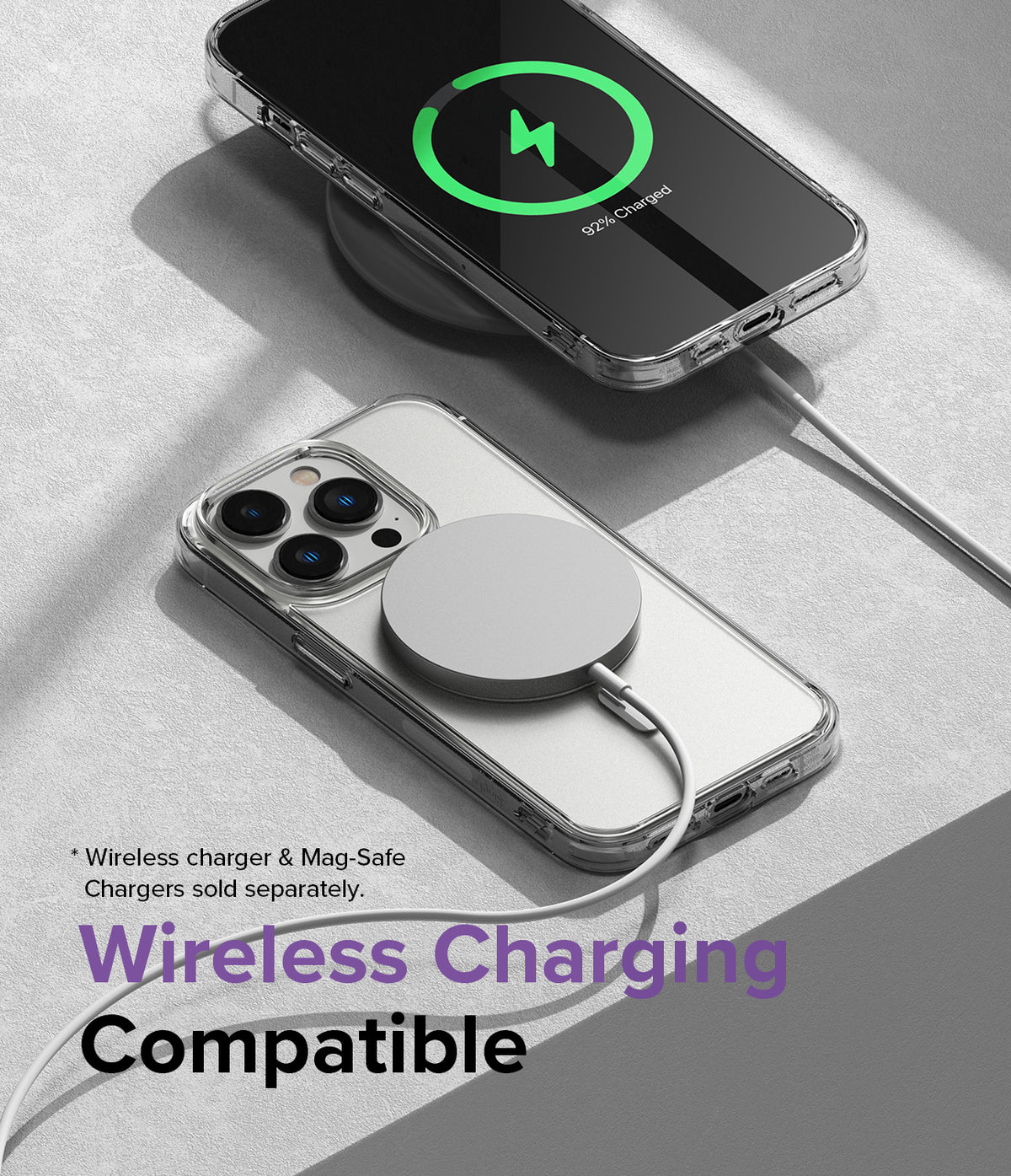 iPhone 14 Pro Case | Fusion Magnetic Matte - iPhone 14 Pro in a clear magnetic case charging on a wireless pad.