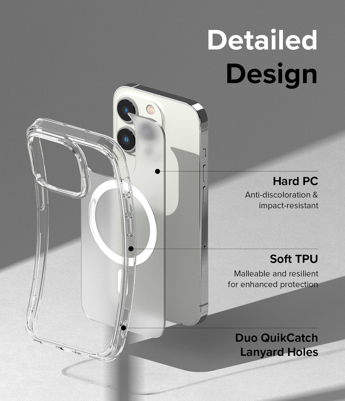 iPhone 14 Pro Case | Fusion Magnetic Matte - Exploded view of phone case showing hard PC back, soft TPU frame, and lanyard holes.
