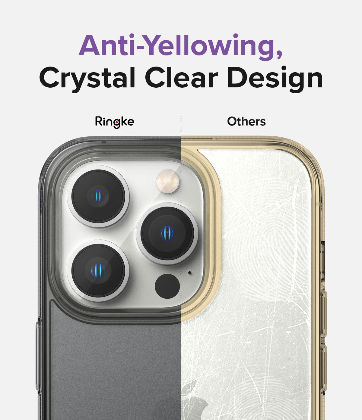 iPhone 14 Pro Case | Fusion Matte - Comparison showing a clear, non-yellowing Ringke case versus a yellowed, scratched competitor.