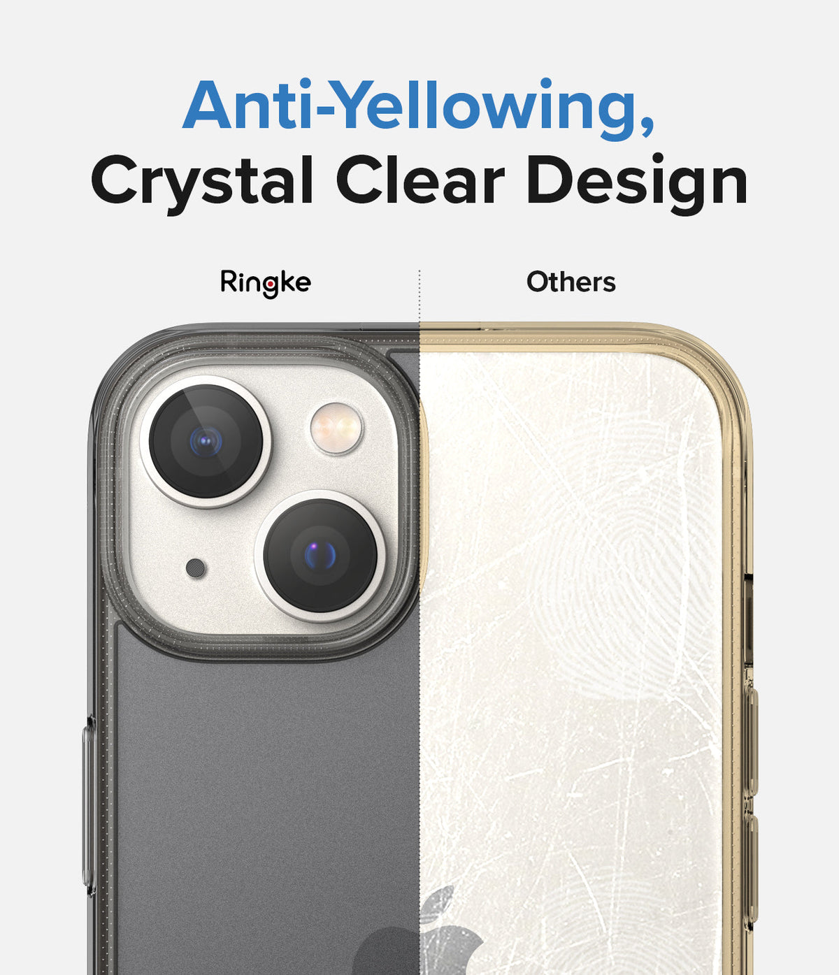 iPhone 14 Plus Case | Fusion Matte - Comparison showing a clear, non-yellowing Ringke case versus a yellowed, scratched case.