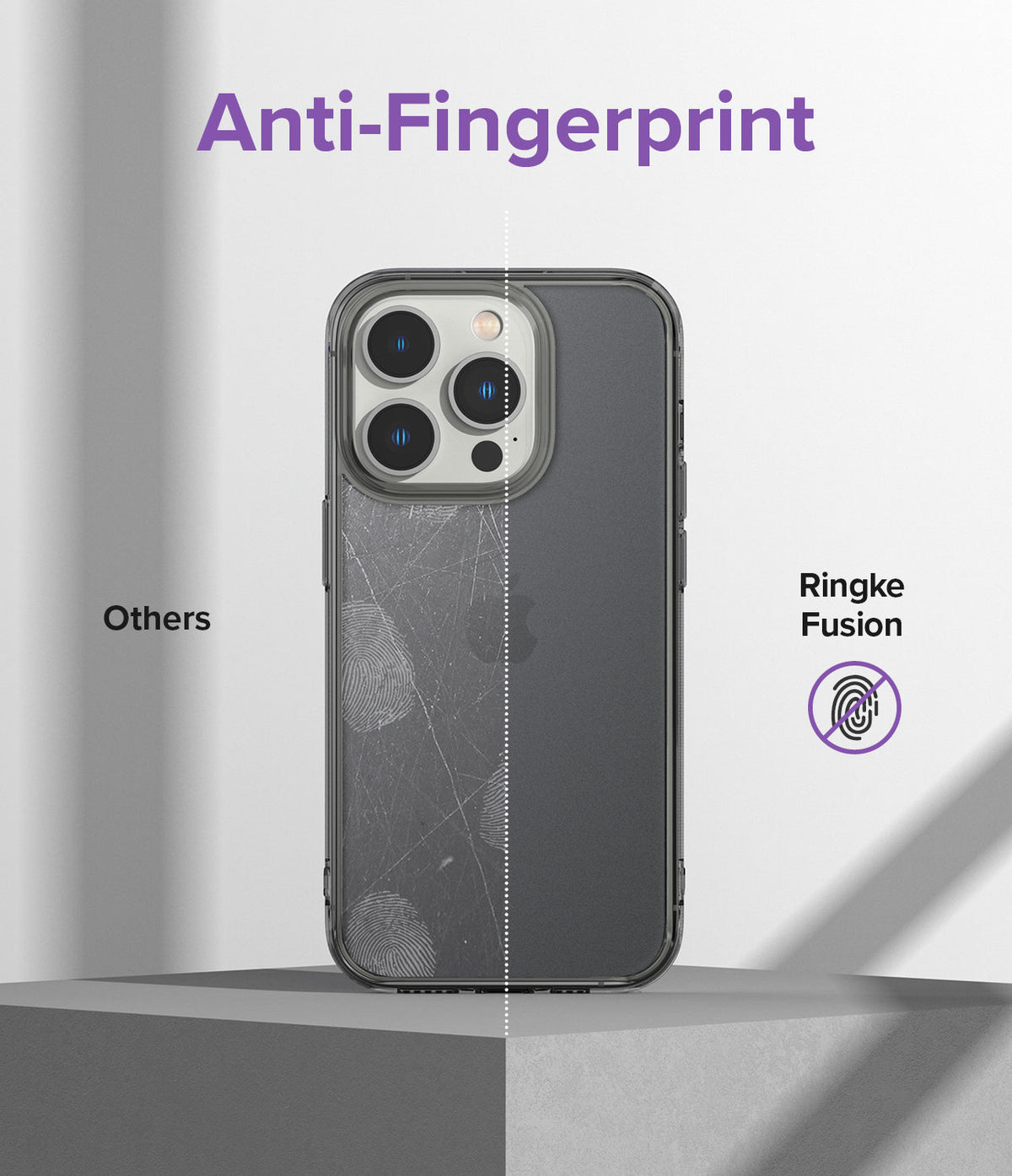 iPhone 14 Pro Case | Fusion Matte - Split screen comparing a smudged standard case to a clean, anti-fingerprint Ringke case.