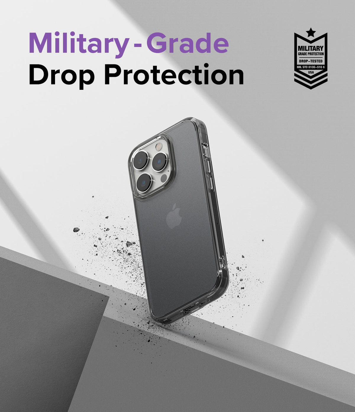 iPhone 14 Pro Case | Fusion Matte - Matte iPhone 14 Pro case with military-grade drop protection badge on a gray background.