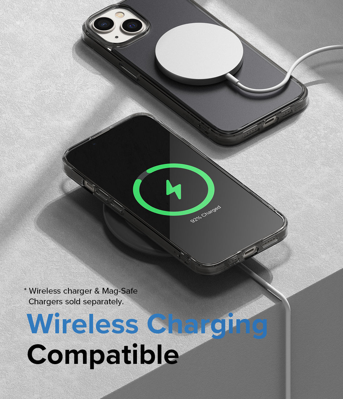 iPhone 14 Plus Case | Fusion Matte - Two phones in matte cases charging wirelessly on a textured gray surface.