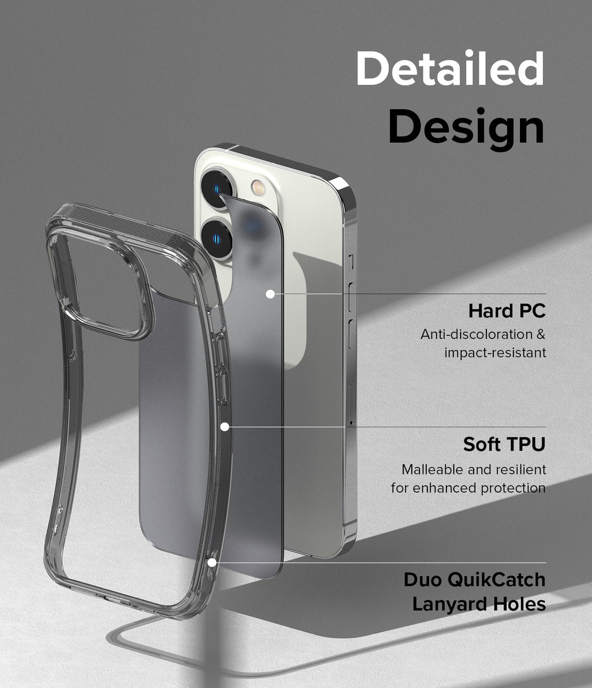 iPhone 14 Pro Case | Fusion Matte - Exploded view of phone case showing hard PC back, soft TPU frame, and lanyard holes.