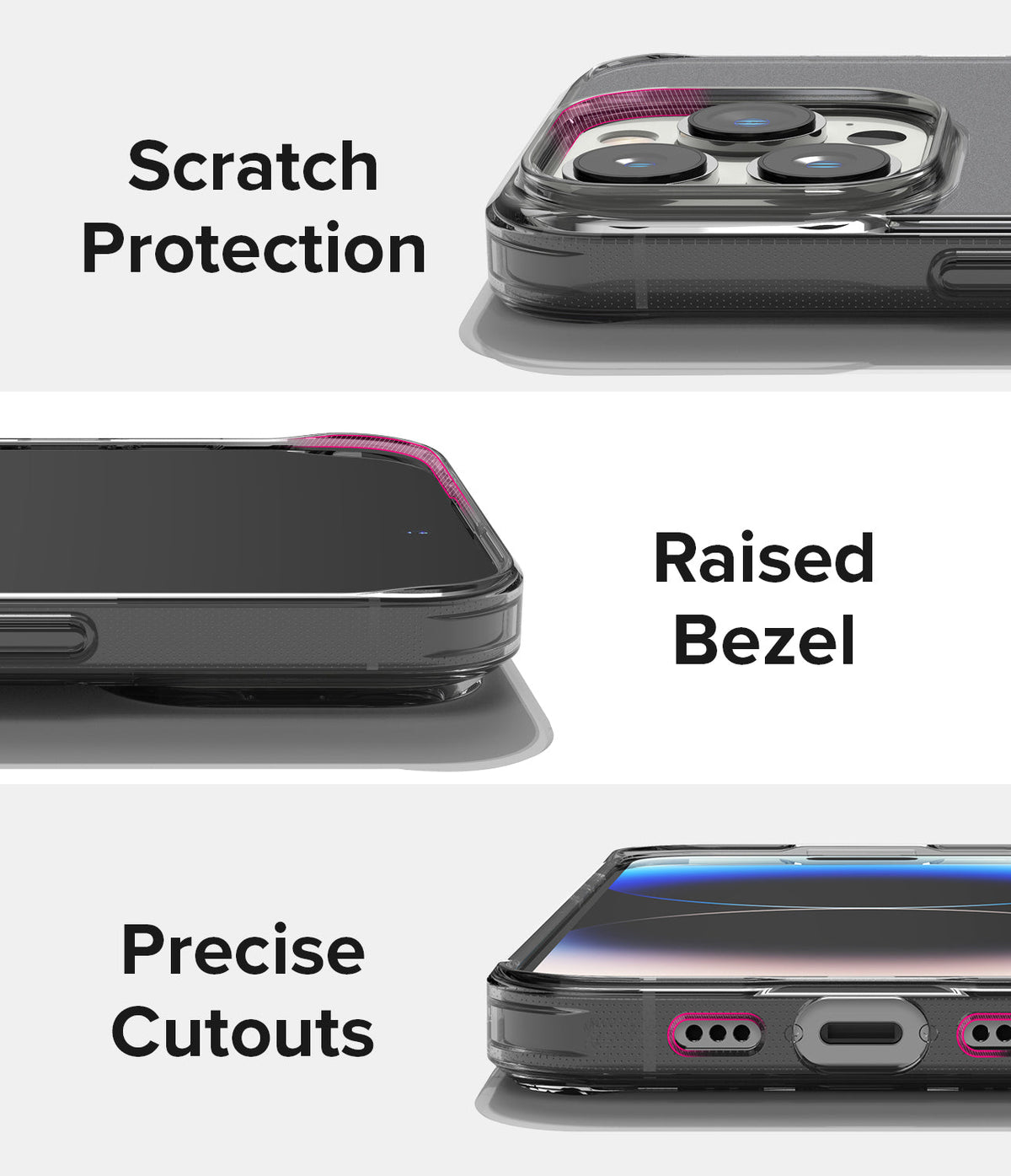 iPhone 14 Pro Case | Fusion Matte - Close-ups showing camera scratch protection, raised screen bezels, and precise port cutouts.