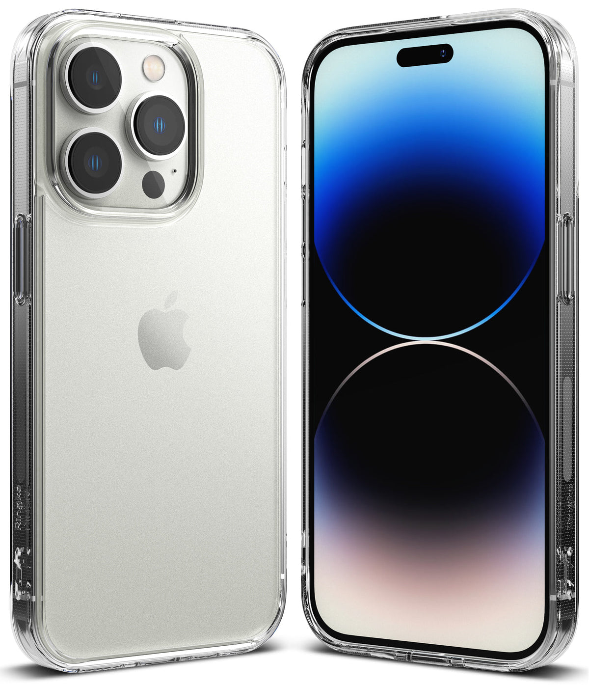 iPhone 14 Pro Case | Fusion Matte - Front and back views of a clear matte phone case on an iPhone 14 Pro.