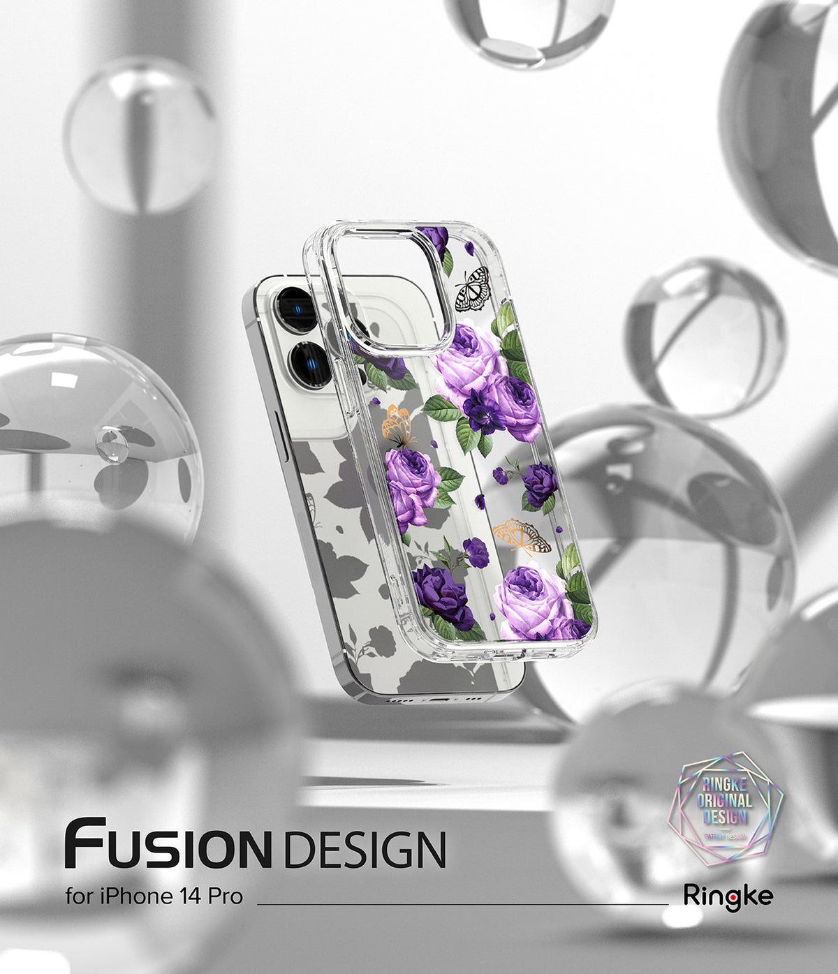iPhone 14 Pro Case | Fusion Design - Clear phone case with purple roses and butterflies floating among glass spheres.