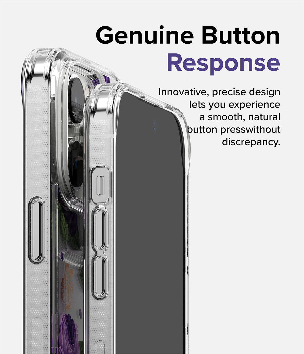 iPhone 14 Pro Case | Fusion Design - Close-up of a clear iPhone 14 Pro case highlighting precise, responsive side buttons.