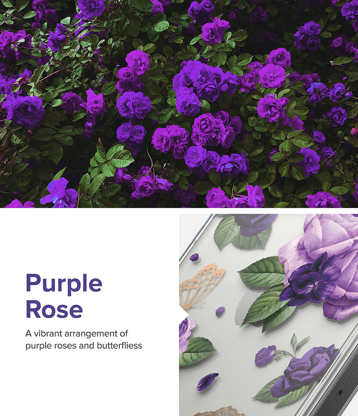 iPhone 14 Pro Case | Fusion Design - A clear phone case featuring a purple rose and gold butterfly illustration.