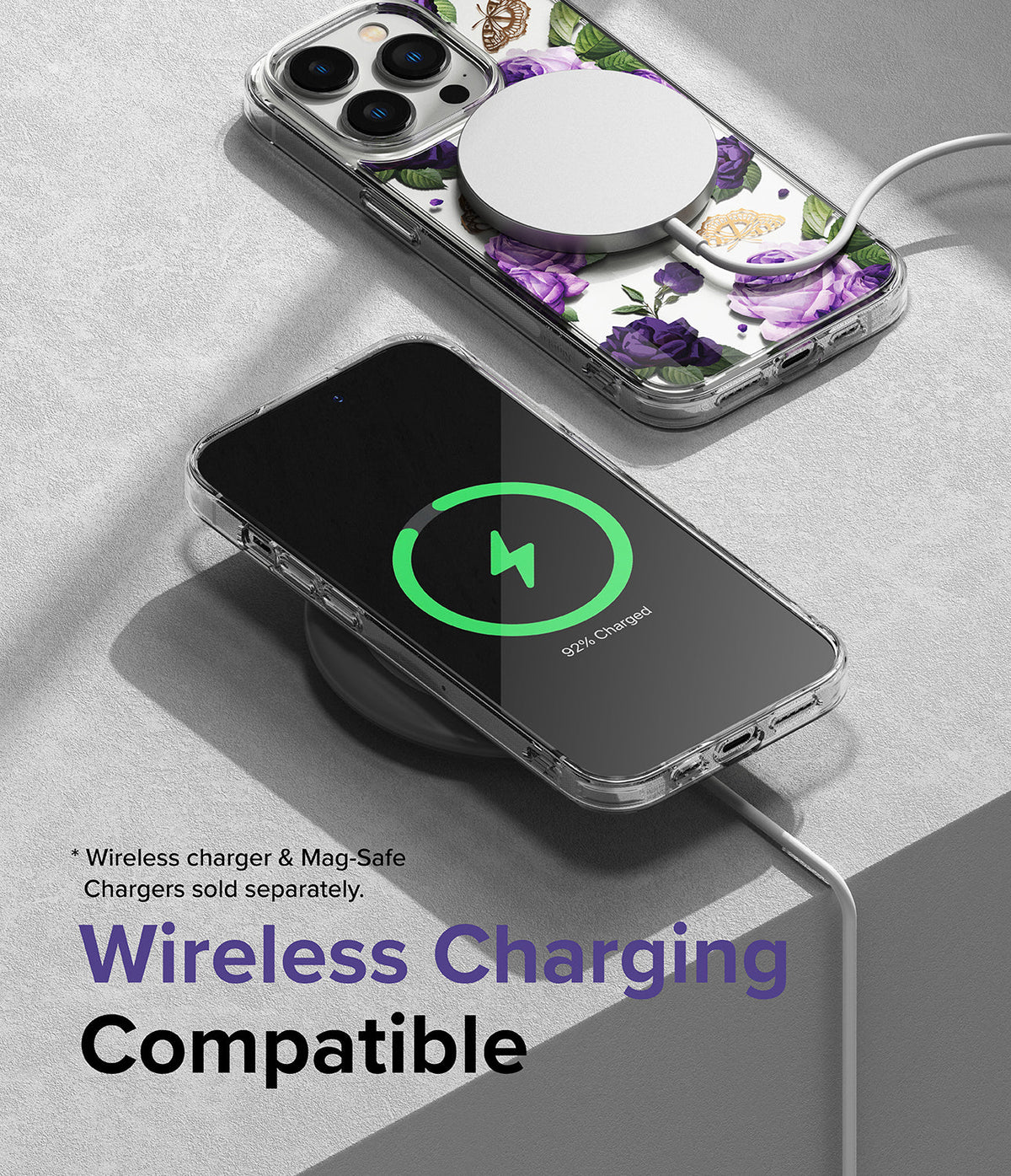 iPhone 14 Pro Case | Fusion Design - Clear floral phone case with MagSafe charger and wireless charging screen indicator.